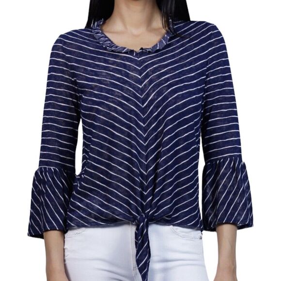 Coin 1804 Womens Blouse Sz Medium Striped Bell Sleeve Tie Front V Neck Ruffle - Picture 1 of 15